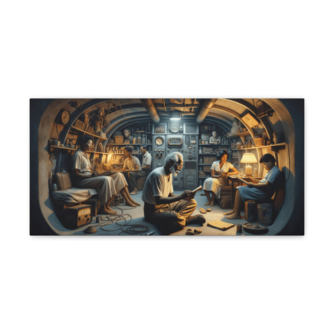 A canvas art depicting multiple iterations of a man engaged in various activities in a cozy, instrument-filled submarine interior, bathed in warm light.