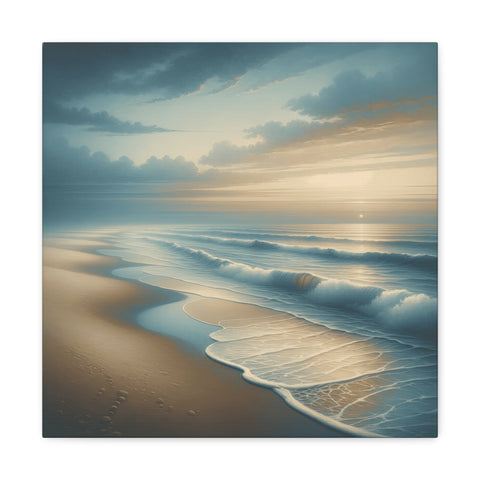 A canvas art depicting a serene beach scene with gentle waves, a glowing sunset on the horizon, and soft clouds reflecting the sun's warmth.