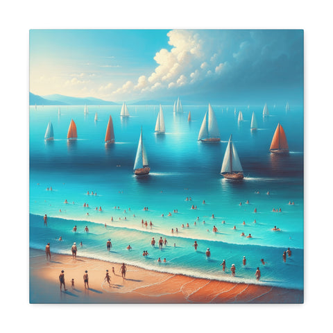 A canvas art depicting a serene beach scene with people enjoying the shore, numerous sailboats on the horizon, and a clear sky with fluffy clouds.