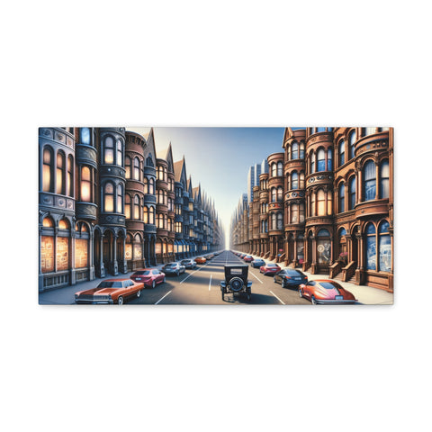 A canvas art depicting a symmetrical view down a vintage urban street lined with ornate buildings and parked cars under a clear sky.