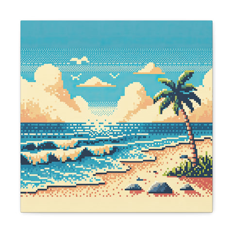 A canvas art piece depicting a pixelated tropical beach scene with blue skies, fluffy clouds, a palm tree, and waves washing onto the shore.