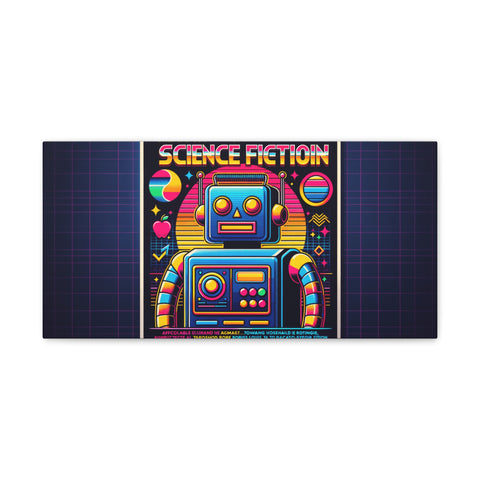 A colorful canvas art piece featuring a retro-style robot with the words "Science Fiction" on top, set against a dark grid background, embodying an 80s aesthetic.