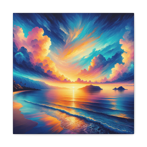 A vibrant canvas art featuring a dramatic sunset with sweeping clouds over a serene beach, reflecting a spectrum of orange, blue, and purple hues.