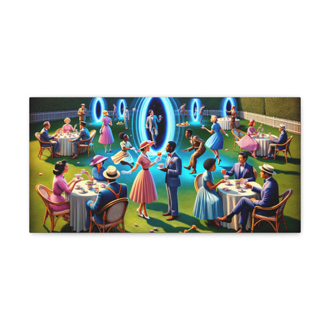 This is a vibrant canvas art piece depicting a lively outdoor scene with elegantly dressed people engaged in social activities, surrounded by glowing neon hoop art installations.
