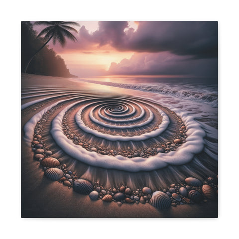 A canvas art piece depicting a surreal beach scene with a spiral pattern in the sand leading to a dramatic sunset framed by palms and scattered shells.