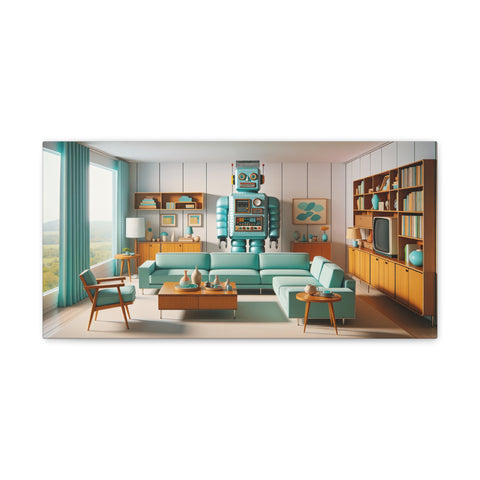 A canvas art depicting a stylized mid-century modern living room with a whimsical robot standing amidst retro furniture and large windows overlooking a natural landscape.