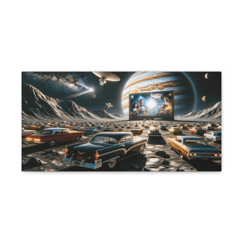 A canvas art depicting a surreal scene with vintage cars parked on a checkerboard floor amidst a mountainous landscape under a space sky with planets and a painting within the painting.