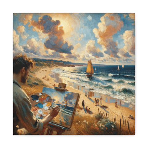 A painter on a beach depicted on canvas art is creating a seascape that mirrors the surrounding scenery of sandy shores, sailing boats, and a vivid cloudy sky.