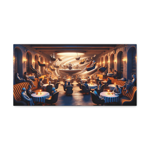 A fantastical canvas art piece depicting an otherworldly indoor scene with elongated, twisting furniture and gravity-defying elements bathed in warm, inviting light.