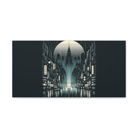 A canvas art featuring a futuristic cityscape with symmetrical buildings under a large glowing moon or sun at the vanishing point.