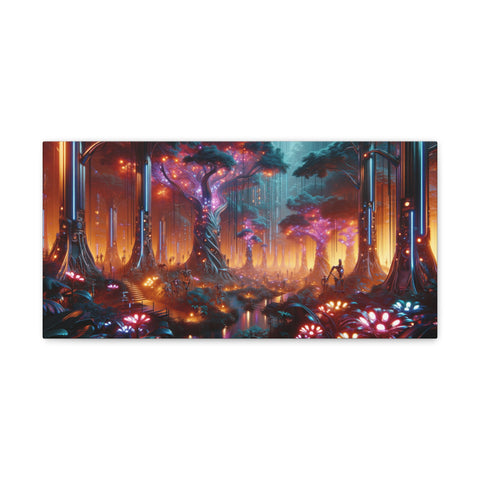 A canvas art depicting a vibrant and mystical forest with neon-colored flora and a solitary figure standing amidst towering, luminescent trees under a dusky sky.