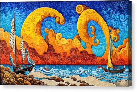 Fantasy Surrealist Colorful Beach Painting with Ships - Canvas Print