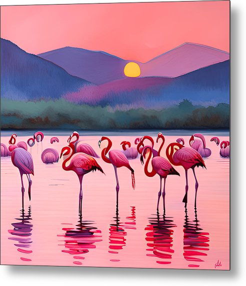 Flamingo Pink Bird Sunset Art - Metal Print – artAIstry
