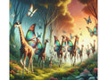 A vibrant canvas art depicting giraffes with butterfly wings amidst an enchanting forest with an ethereal glow and a multitude of butterflies.
