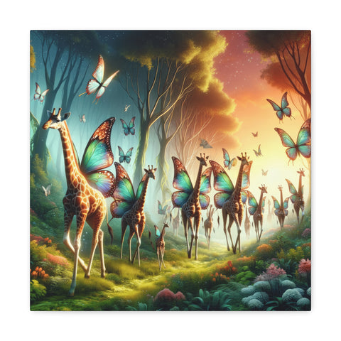 A vibrant canvas art depicting giraffes with butterfly wings amidst an enchanting forest with an ethereal glow and a multitude of butterflies.