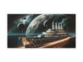 A canvas art depicting a conceptual spaceship designed like a vintage ocean liner cruising through space with moons and a planet in the background.