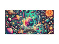 A vibrant and colorful canvas art depicting a fantastical cosmic scene with various planets, stars, and space elements in a surreal and artistic arrangement.