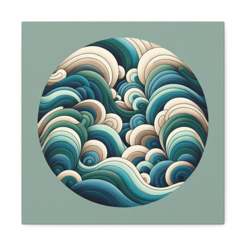 A canvas art piece featuring an abstract design of stylized waves in various shades of blue creating a circular pattern on a square background.