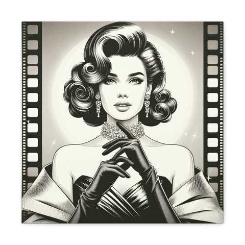 A black and white canvas art piece depicting a stylized vintage portrait of a woman with elegant hair, elaborate earrings, and a graceful pose, framed with film strip borders.