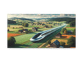 A canvas art piece depicting a futuristic train gliding through a picturesque countryside with rolling green fields and scattered farmhouses.