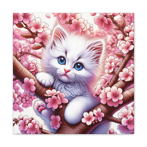 A canvas art depicting a cute blue-eyed kitten nestled among pink cherry blossom branches.