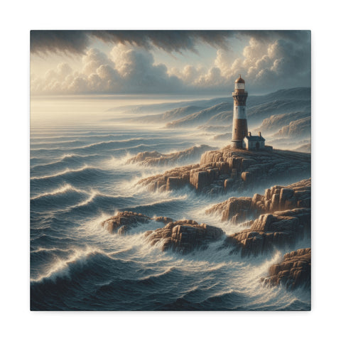 A canvas art depicting a serene lighthouse standing steadfast on a rugged coastline amidst tumultuous sea waves under a dramatic cloudy sky.