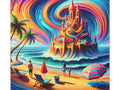 A vibrant canvas art depicting a surreal beach scene with a mesmerizing swirl of colors in the sky, a fantastical castle on the horizon, and silhouetted figures near the water's edge with beach accessories.