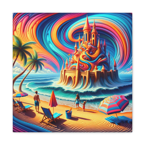 A vibrant canvas art depicting a surreal beach scene with a mesmerizing swirl of colors in the sky, a fantastical castle on the horizon, and silhouetted figures near the water's edge with beach accessories.