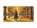 A canvas art depicting a serene autumn scene with a woman in a hijab and a cat walking down a tree-lined path covered in golden leaves.