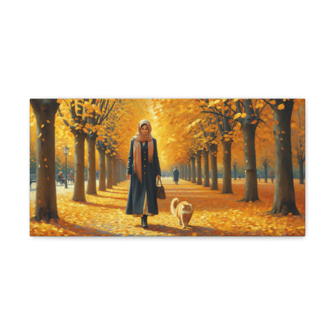 A canvas art depicting a serene autumn scene with a woman in a hijab and a cat walking down a tree-lined path covered in golden leaves.