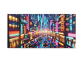 A vibrant canvas art piece depicting a futuristic cityscape at night with neon lights and flying cars.