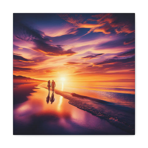 A canvas art depicting two people walking along the beach with their reflections in the water as the sun sets in vibrant shades of purple and orange.
