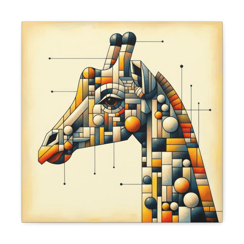 A canvas featuring an abstract, cubist-style painting of a giraffe with geometric shapes and spheres in a warm color palette.