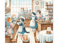 A whimsical canvas art depicting illustrated cats engaged in various baking and cafe activities in a cozy, detail-rich kitchen setting.