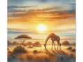 A canvas art depicting a serene sunset with warm hues of orange and yellow, casting a glow on a solitary giraffe grazing beneath an acacia tree in the savannah.