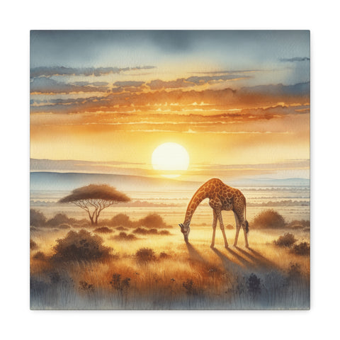 A canvas art depicting a serene sunset with warm hues of orange and yellow, casting a glow on a solitary giraffe grazing beneath an acacia tree in the savannah.