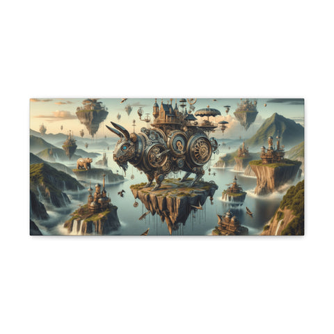 A canvas art depicting a fantastical steampunk scene with a mechanical rabbit and various floating islands and airships against a misty mountainous backdrop.