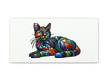 A vibrant, multi-colored canvas art featuring an abstract, patterned cat lying down with a whimsical expression.