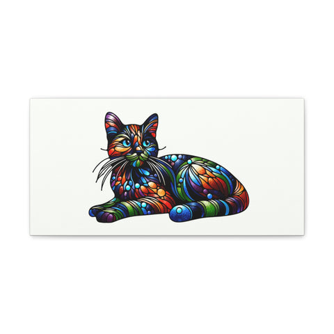 A vibrant, multi-colored canvas art featuring an abstract, patterned cat lying down with a whimsical expression.