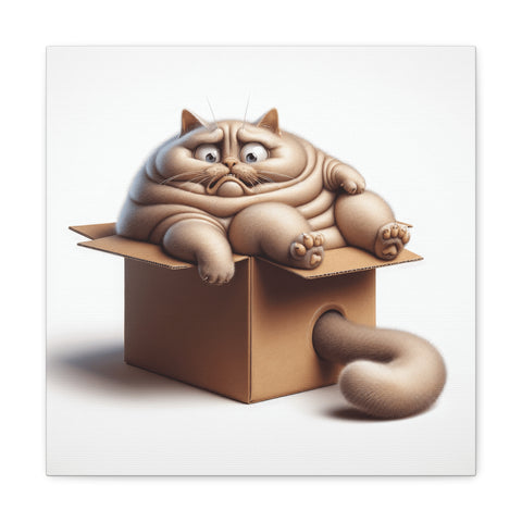 A canvas art of an overweight, grumpy cat with exaggerated features lounging in a cardboard box, giving the viewer an unamused stare.