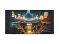 A panoramic canvas art piece depicting a futuristic cityscape at night with vibrant neon signs and a dystopian atmosphere.