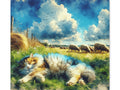 A canvas art piece featuring a calico cat sleeping in a lush meadow under a vibrant blue sky with fluffy clouds and a flock of sheep grazing in the background.