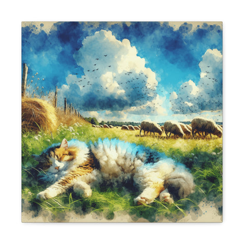 A canvas art piece featuring a calico cat sleeping in a lush meadow under a vibrant blue sky with fluffy clouds and a flock of sheep grazing in the background.