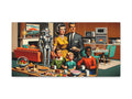 A canvas art depicting a retro-futuristic family scene with a robot, showcasing a stylized vintage living room and kitchen with characters enjoying a meal together.