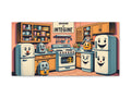 A playful canvas art piece featuring anthropomorphized kitchen appliances with smiling faces in a stylized retro kitchen setting, accompanied by the word "IMAGINE" prominently displayed on the wall.