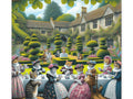 This canvas art features an anthropomorphic cat family dressed in Victorian attire, enjoying a garden tea party in front of an elegantly trimmed greenery and a quaint country house.