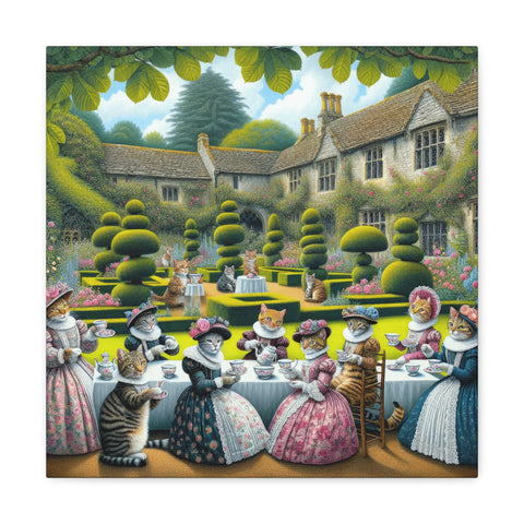 This canvas art features an anthropomorphic cat family dressed in Victorian attire, enjoying a garden tea party in front of an elegantly trimmed greenery and a quaint country house.