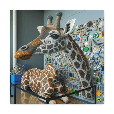 A canvas art piece depicting a three-dimensional giraffe protruding from the canvas, embellished with an intricate mosaic of various buttons and beads against a background of neatly organized craft materials.