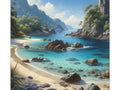 A canvas depicting a serene tropical beach with clear blue water, surrounded by lush greenery and rocky outcrops under a soft sky.