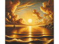 A canvas art depicting a dramatic sunset with golden clouds reflected over a tranquil sea, creating a serene and majestic scene.